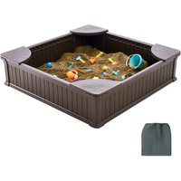 Sandkasten mit Abdeckung, 48,6 x 48,6 x 12,4 Zoll quadratischer Sandkasten, HDPE-Sandkasten mit 4 Ecksitzen und Bodenauskleidung für draußen, von MOPHORN