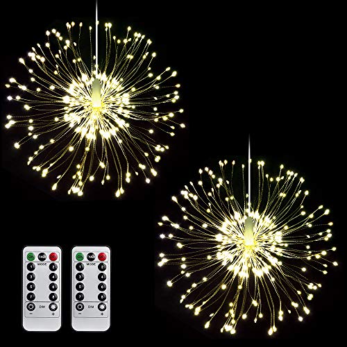 Feuerwerk Lichterkette, MOPOIN 120 LEDs Kupferdraht Lichterkette Batteriebetrieben Hängend Starburst Lichter Wasserdicht mit Fernbedienung 8 Modi für Innen Außen Weihnachten Hochzeit Deko(Warmweiß) von MOPOIN