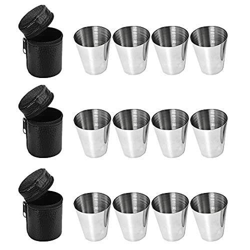 MOPOIN Flachmann Becher, 12 Stück Edelstahl Becher Schnaps-Gläser aus Metall Edelstahl-Becher Set Metall-Becher mit Leder-Tasche Schnapsgläser, ideales Flachmann-Zubehör, Tolle Geschenk-Idee von MOPOIN