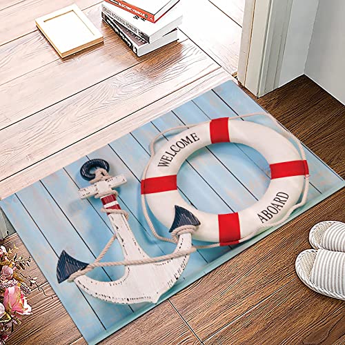 Badematte 50x80cm, Rutschfeste Badteppich, Boje, Anker gestreift Rettungsring Abstellgleis vertikal auf schäbigen Bretter,Mikrofaser Badvorleger mit, Wasserabsorbierende Weiche teppiche für Badezimmer von MOPPRO