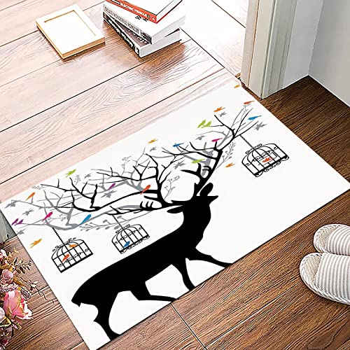 Badematte 50x80cm, Rutschfeste Badteppich, Geweih-Dekor, Hirsch mit bunten Vögeln und Vogelkäfigen Silhouette Ornament Vi,Mikrofaser Badvorleger mit, Wasserabsorbierende Weiche teppiche für Badezimmer von MOPPRO