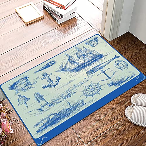 Badematte 50x80cm, Rutschfeste Badteppich, Nautischer Anker, Wal-Segelboot-Lenkrad und altes Leuchtturm-Fischen-Thema flü,Mikrofaser Badvorleger mit, Wasserabsorbierende Weiche teppiche für Badezimmer von MOPPRO