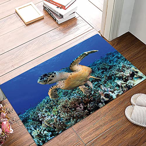 Badematte 50x80cm, Rutschfeste Badteppich, Schildkröte, Cheloniidae im tiefblauen Ozean aquatische gefährdete Tierwelt Na,Mikrofaser Badvorleger mit, Wasserabsorbierende Weiche teppiche für Badezimmer von MOPPRO