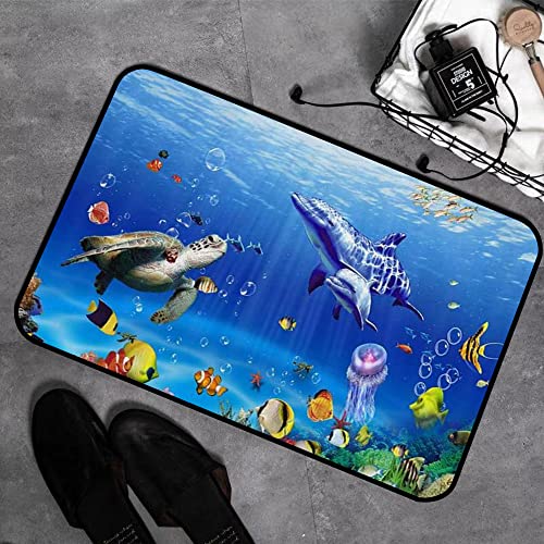 Memory Foam Badezimmer- 40 x 60 cm,Ozean Unterwasserwelt Meereswelt Tiere Tropischer Fisch Delfin mit Schildkröten Koralle,Badteppich Saugfähige Rutschfester Badvorleger Waschbar Badematte von MOPPRO