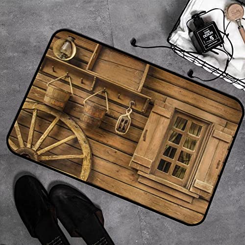 Memory Foam Badezimmer- 40 x 60 cm,Western Ancient Wagon Wheel Rustikales Holz Vintage Laterne Fenster und Eimer,Badteppich Saugfähige Rutschfester Badvorleger Waschbar Badematte von MOPPRO