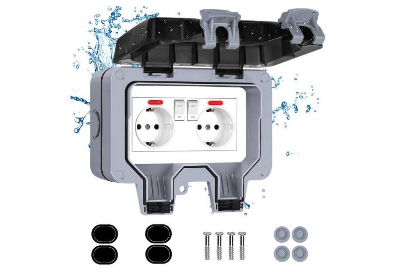 MOPUEA Aufputz-Steckdose Gartensteckdose Außensteckdose Wasserdicht Doppelsteckdose Steckdose, IP66 mit Schalter Kontrollleuchte, Aussensteckdose Wandsteckdose, 1-St., Gartensteckdose mit Abschließbar Klappdeckel, für Garten Außenbereich Feuchträume von MOPUEA