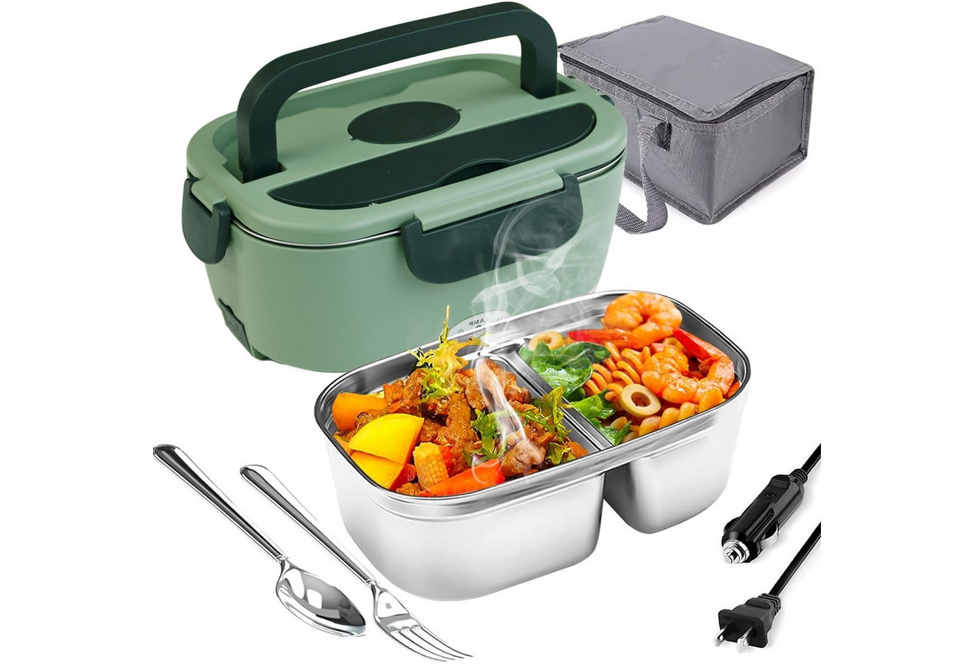 MOPUEA Elektrische Lunchbox 3 in 1 Elektrische Lunchbox, Lunchbox Brotdose aus Edelstahl, (1,5 L Großes,Auskleidung aus Edelstahl 304, isolierte Lunchbox für Zuhause und Auto), schnelles Erhitzen von Speisen, Design mit zwei Fächern von MOPUEA