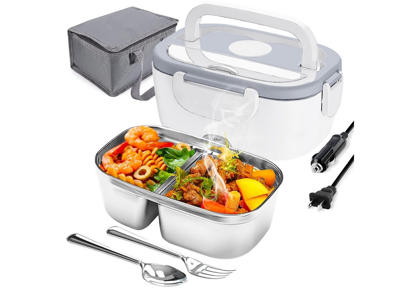 MOPUEA Elektrische Lunchbox 3 in 1 Elektrische Lunchbox Brotdose aus Edelstahl für Zuhause Auto, (1,5 L Großes Fassungsvermögen, mit Löffel und Gabeln, Tragetasche und Reinigungstuch), schnelles Erhitzen von Speisen, Design mit zwei Fächern von MOPUEA