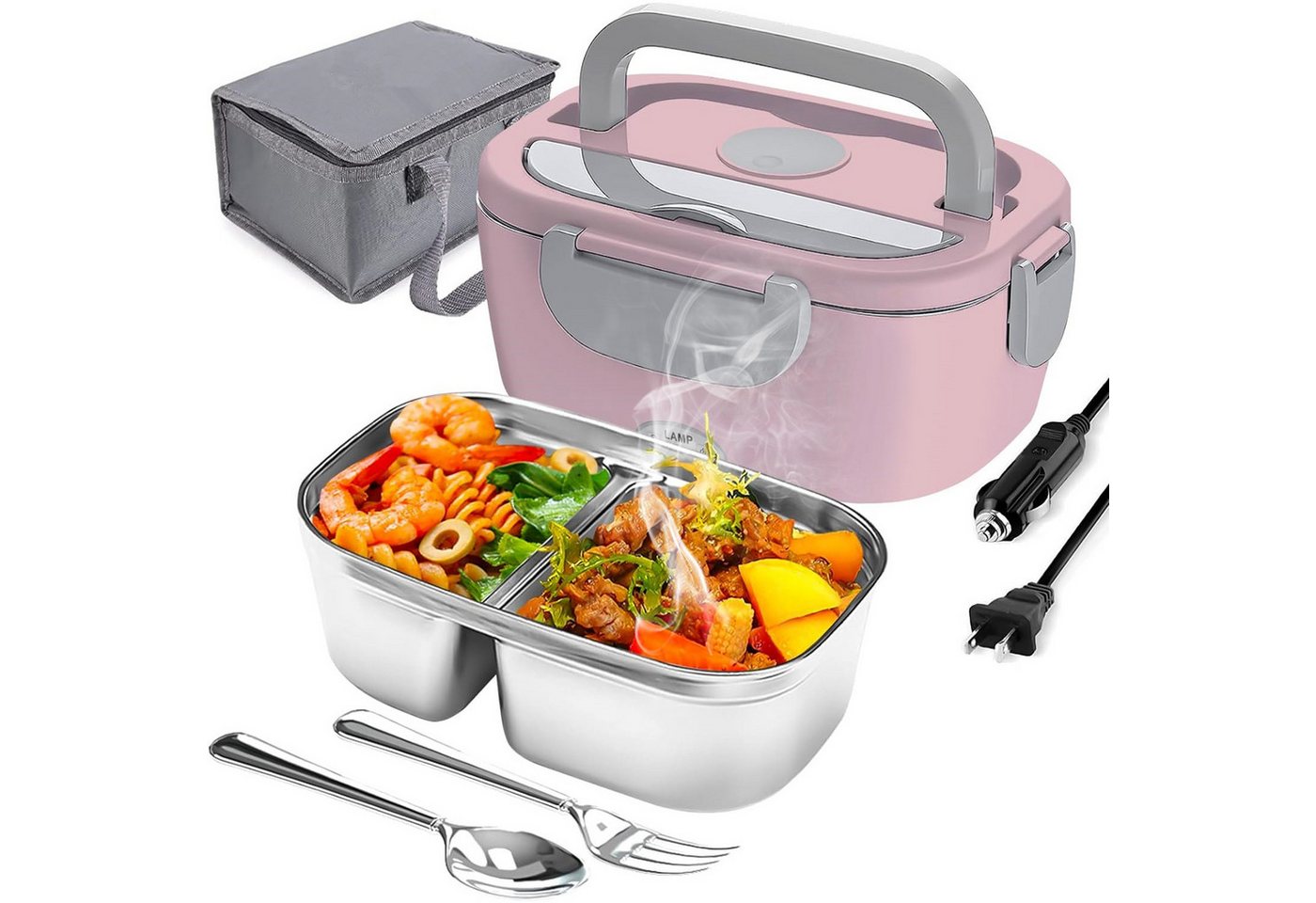 MOPUEA Elektrische Lunchbox 3 in 1 Elektrische Lunchbox Brotdose aus Edelstahl für Zuhause Auto, (1,5 L Großes Fassungsvermögen, schnelles Erhitzen von Speisen, Design mit zwei Fächern), mit Löffel und Gabeln, Tragetasche und Reinigungstuch von MOPUEA