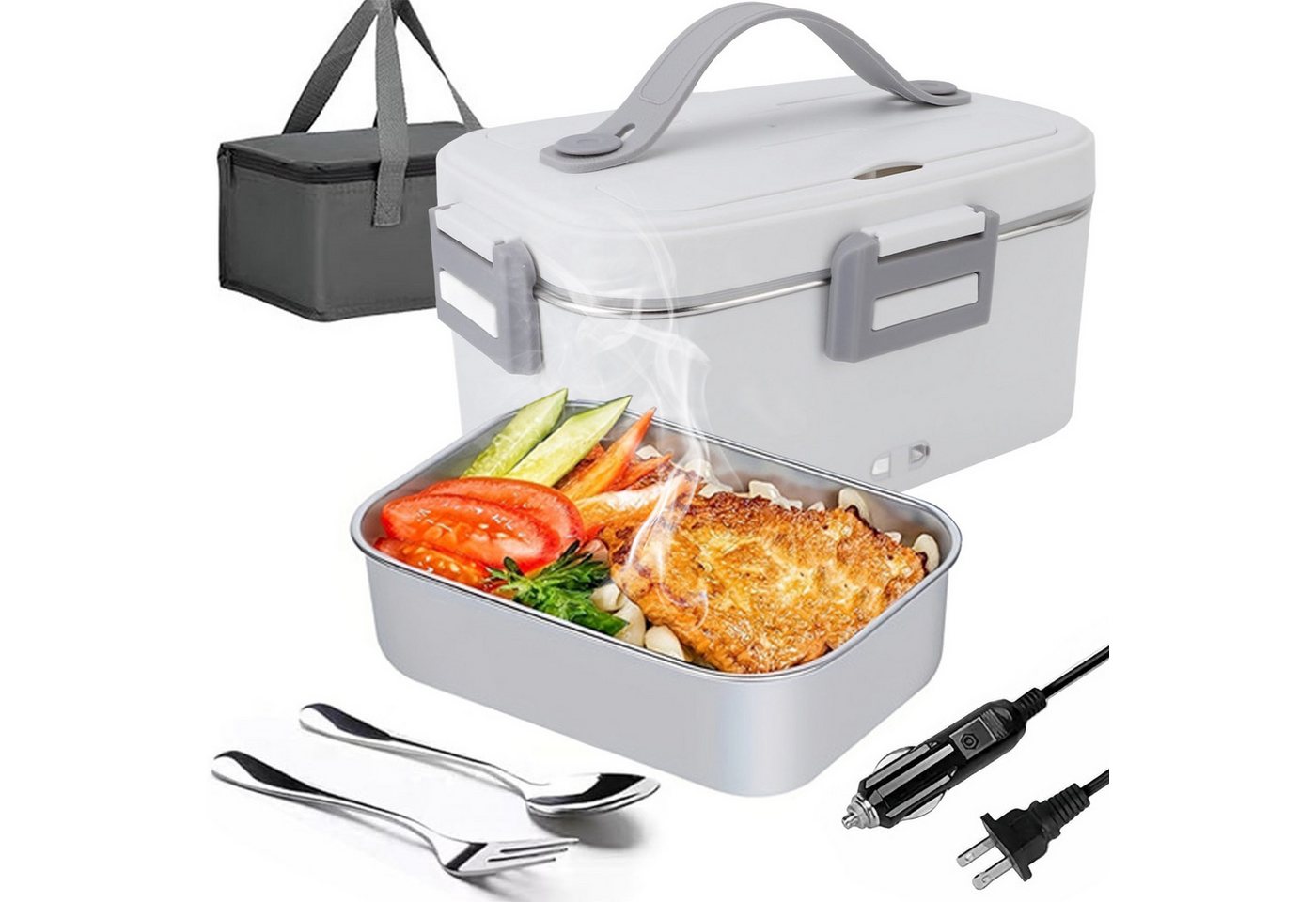 MOPUEA Elektrische Lunchbox 3 in 1 Lunchbox Brotdose aus Edelstahl isolierte Lunchbox, (PP-Kunststoff und Edelstahl 304, 1,8L großes Fassungsvermögen & Auslaufsicher), 3-in-1 für Auto/Lastwagen/Zuhause von MOPUEA