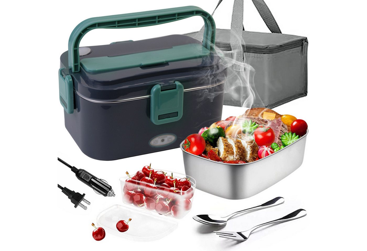 MOPUEA Elektrische Lunchbox Elektrische Lunchbox Edelstahl 304 isolierte 3 in 1 Lunchbox grün, (Mit 12V/24V Autoadapter und 230V Netzadapter, ideal für Auto, Zuhause oder Büro,1.8L), Großes Fassungsvermögen mit Tragetasche und Reinigungstuch von MOPUEA