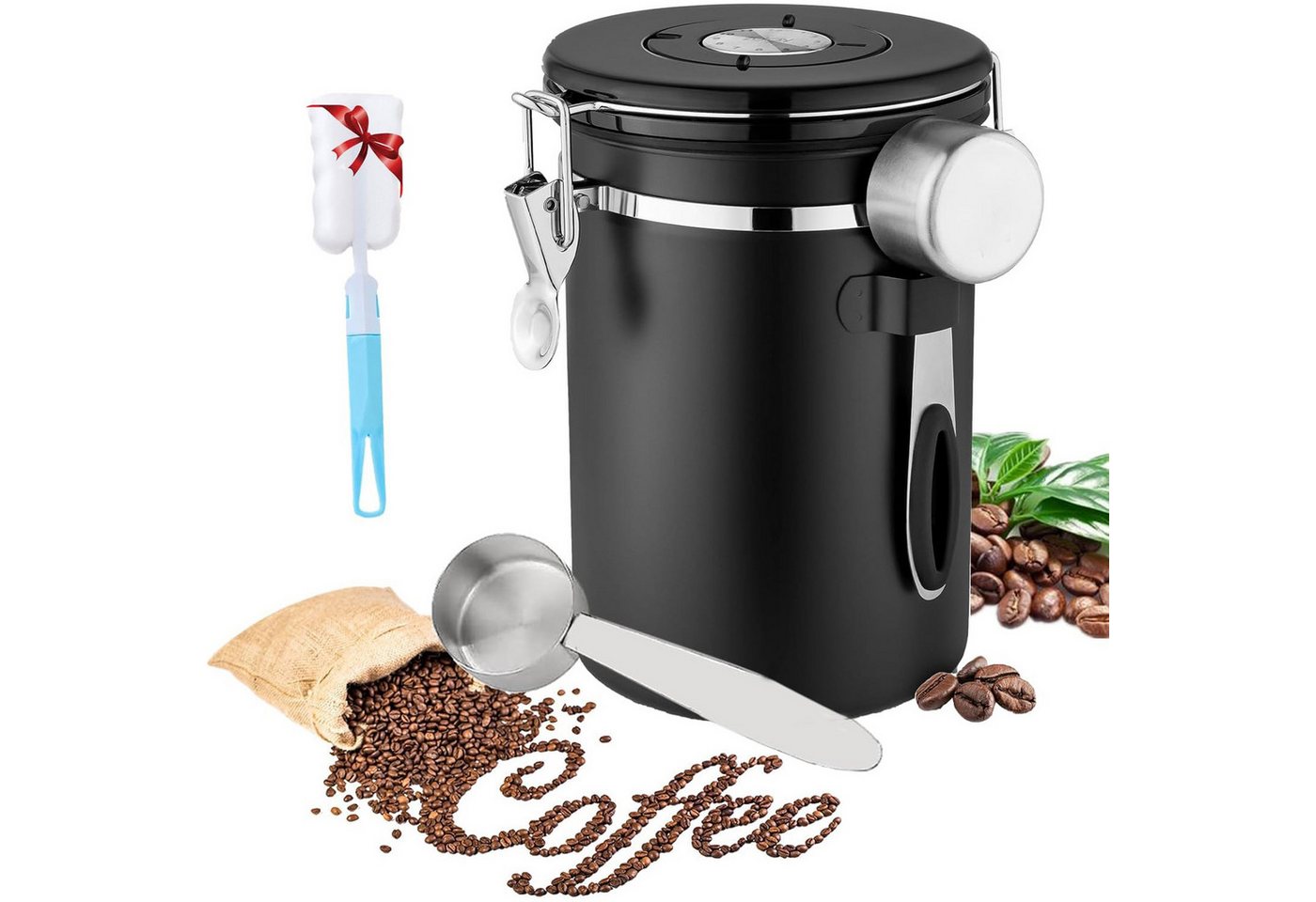 MOPUEA Kaffeedose Kaffeedose Luftdicht Kaffeebohnen Behälter mit Topfbürste, Messlöffel, (1.8L, aus Edelstahl 304, mit einem Einweg-CO2-Ventil, Tages-, Monats- und Datumsanzeige auf dem Deckel), für die Aufbewahrung von Kaffeebohnen und gemahlenem Kaffee usw. von MOPUEA