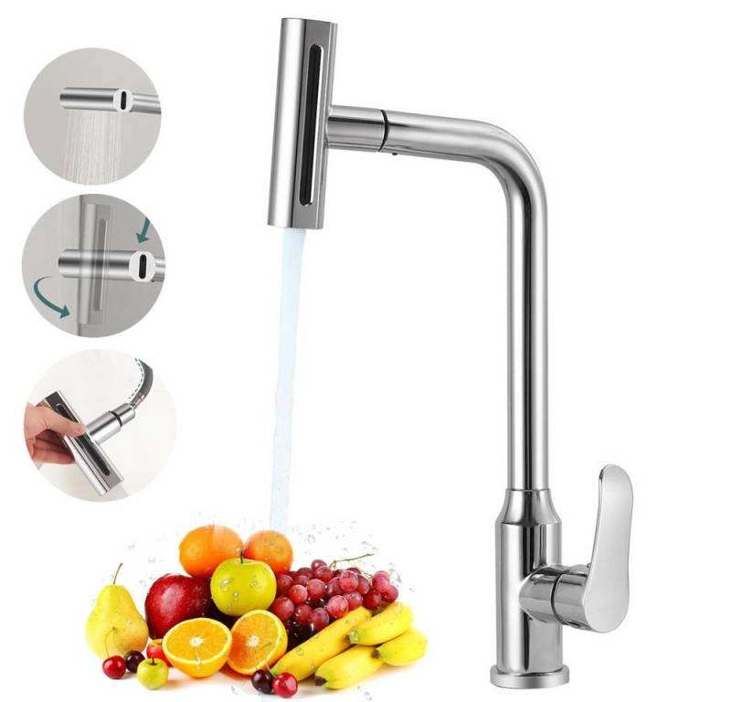 MOPUEA Küchenarmatur 4-in-1 Wasserfall-Küchenarmatur mit herausziehbarer Sprühvorrichtung (1-St) von MOPUEA