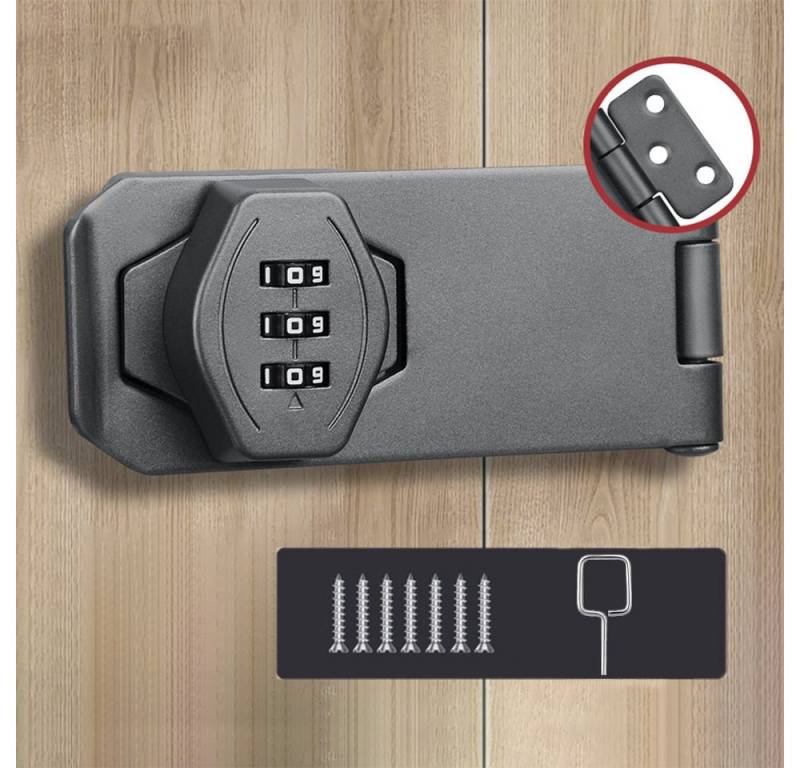 MOPUEA Möbelschloss Zahlenschloss Kombinationsschloss mit 7 Nägeln Möbelschloss Türriegel (mit Zahlencode Schrankschloss aus Zinklegierung, für Schränke, Türen und Outdoor-Nutzung), Schwarz, 4 Zoll, einfache Installation, wetterfest und abschließbar von MOPUEA