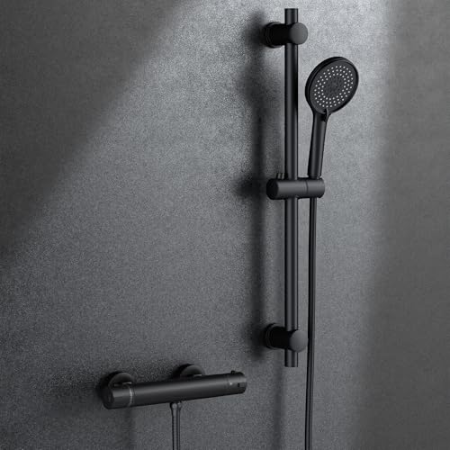 MORADO Duscharmatur Schwarz mit Brausegarnitur,Duscharmatur Kompletset(mit Brausegarnitur 700 mm),Duschsystem mit Thermostat,Handbrause mit 3 Funktionen von MORADO