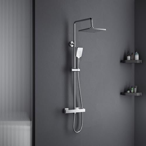 MORADO Duscharmatur Komplettset,Regendusche mit Thermostat,Duschsystem mit Thermostat,Regendusche Höhenverstellbar 80-115cm,Duschsysteme mit Kopfbrause 8 Inch und Handbrause für Badzimmer von MORADO