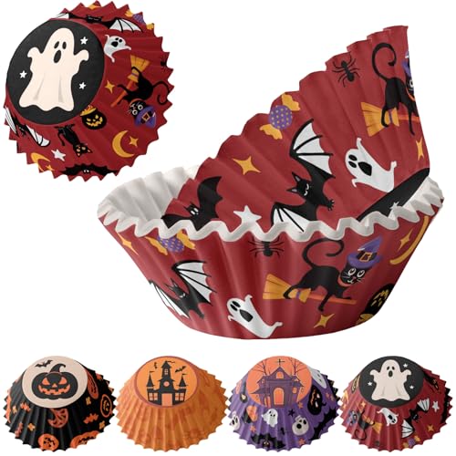 MORAINJAY 100 Stück Halloween Muffinförmchen Papier, Roter Geist Muffins Backförmchen, Papierbackförmchen Backformen Cupcake Formen Papier Fällen Liners Wrapper Förmchen für Backen Dessert Party von MORAINJAY