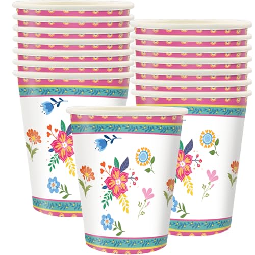 MORAINJAY 16 Stück Blumenmuster Pappbecher Partygeschirr für 16 Gäste, Teeparty Papier Party Geschirr Set, 250ml/9oz Pappbecher Teeparty für Mädchen Geburtstag Muttertag Babyparty Bridgerton Hochzeit von MORAINJAY