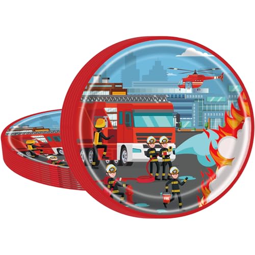 MORAINJAY 16 Stück Feuerwehrauto Pappteller Geburtstagsdeko Set, Geburtstag Party Geschirr, Feuerwehrmann Partygeschirr Set, Kindergeburtstag Set mit 7 Zoll Pappteller Geschirr Set für Deko Feuerwehr von MORAINJAY