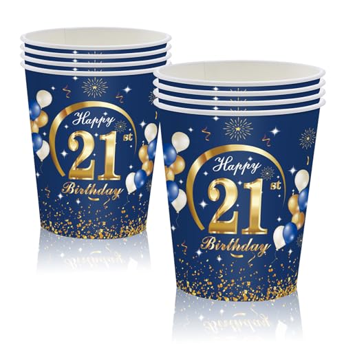 MORAINJAY 21 Geburtstag Papierbecher,16 Stück Blau mit Gold Papierbecher für Mädchen Junge 21 Geburtstag Party,9oz/250ml Papierbecher für 21. Geburtstag Party Deko von MORAINJAY