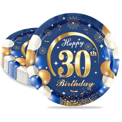MORAINJAY 30. Geburtstag Pappteller, 16 Stück Blau mit Gold für Mann Frau, 7inch/18cm Party Deko von MORAINJAY