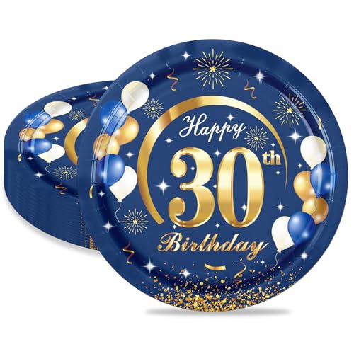 MORAINJAY 30 Geburtstag Pappteller,16 Stück Blau mit Gold Pappteller für Mann Frau 30 Geburtstag Party,9inch/23cm Pappteller für 30. Geburtstag Party Deko von MORAINJAY