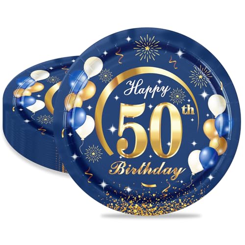 MORAINJAY 50. Geburtstag Pappteller, 16 Stück Blau mit Gold, 9inch/23cm für Mann und Frau von MORAINJAY