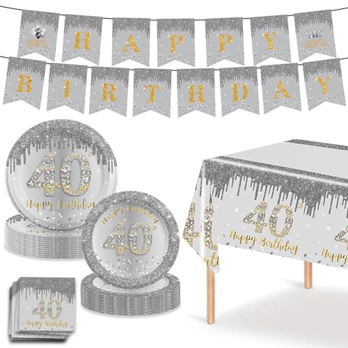 MORAINJAY 54 Stück 40 Geburtstagsdeko Partygeschirr Set,40. Silbernes Tischdeko Geburtstag mit Tischdecken,Pappteller,Servietten,Papier Tassen,Banner für Geburtstagsdeko Mädchen/Frauen Partys 16 Gäste MORAINJAY 54 Stück 40 Geburtstagsdeko Partygeschirr Set,40. Silbernes Tischdeko Geburtstag mit Tischdecken,Pappteller,Servietten,Papier Tassen,Banner für Geburtstagsdeko Mädchen/Frauen Partys 16 Gäste von MORAINJAY