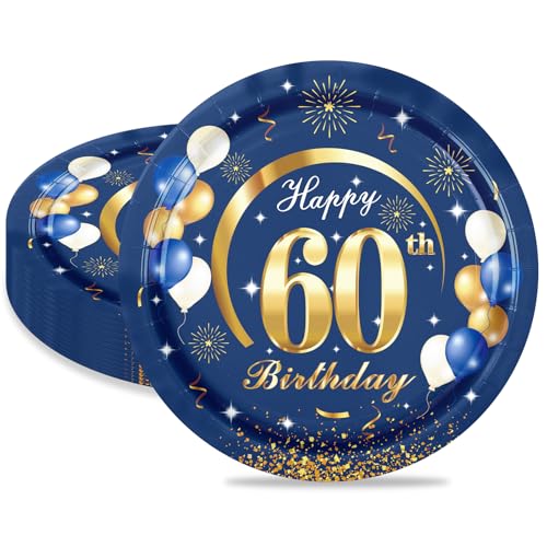 MORAINJAY 60 Geburtstag Pappteller, 16 Stück Blau mit Gold Pappteller für Mann Frau 60 Geburtstag Party, 9inch/23cm Pappteller für 60. Party Deko von MORAINJAY