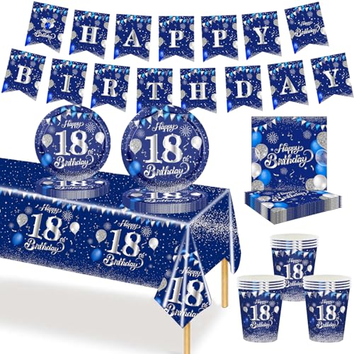 MORAINJAY Marineblau Partygeschirr 18. Geburtstag 70 teiliges Set. Pappteller, Pappbecher, Servietten, Papierbanner, 18 Jahre Party für Jungen und Mädchen Geburtstag Tischdeko von MORAINJAY