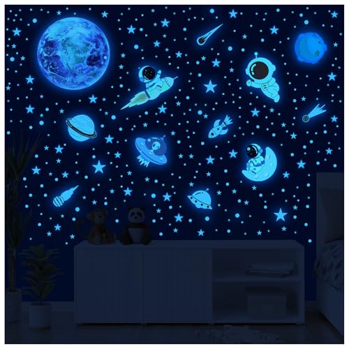 MORCART Leuchten im Dunkeln Sterne und Erdwandtattoos, leuchtende Planeten, Astronauten und Alien-Aufkleber für das Kinderzimmer, Jungen- und Mädchen-Schlafzimmer, Wand- und Deckendeko (Blau) von MORCART