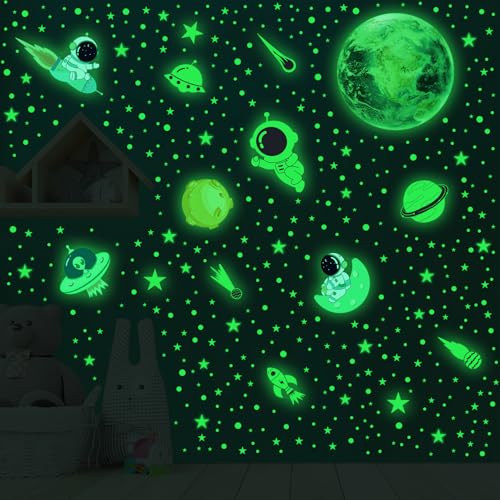 MORCART Leuchten im Dunkeln Sterne und Erdwandtattoos, leuchtende Planeten, Astronauten und Alien-Aufkleber für das Kinderzimmer, Jungen- und Mädchen-Schlafzimmer, Wand- und Deckendeko (Grün) von MORCART