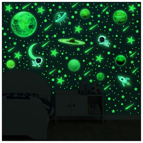 MORCART Wandtattoos des Sonnensystems und leuchtende Sterne im Dunkeln, Erde und 11 leuchtende Planeten, Wandtattoos mit Astronauten, Wand- und Deckendekoration für Kinderzimmer, Geschenk (Grün) von MORCART