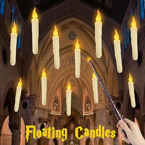 12 Stück Floating Candles Schwimmkerzen, Schwebende Kerzen mit Zauberstab Fernbedienung, Flammenlose Fliegende Kerzen Flackernde Hängende Batteriebetrieben LED Kerzenlichter für Halloween Deko von MOREASE