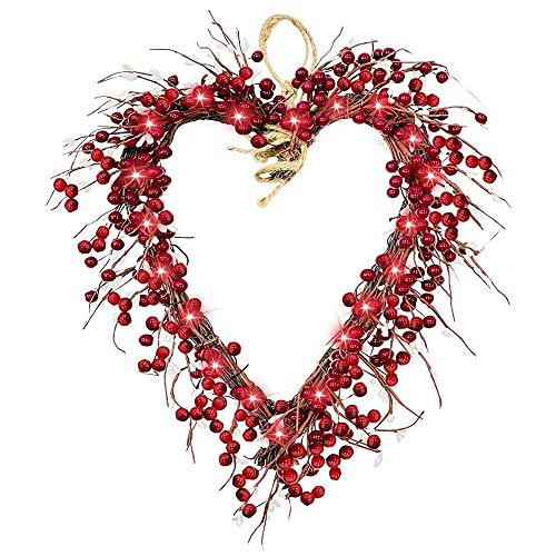 16 in Valentinstag Kranz, Herz Form Haustür Kranz mit 20 LED-Licht batteriebetriebene Girlande Dekorationen, rote Beeren weiße Samen Valentinstag Home Party Decor Indoor Outdoor von MOREASE