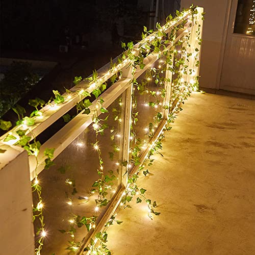 Solar Künstlicher Efeu Blätter Girlande Lichterketten 10m 100 LED Gefälschte Pflanzen Warmweiß Efeu Rebe Lichterkette Blätter für Home Garten Party Hochzeit Weihnachtszimmer Veranda Grün Dekor von MOREASE