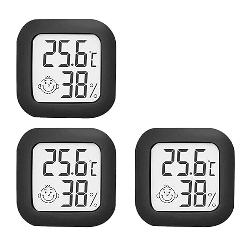 Thermometer Hygrometer Innen, 3 Stück Raumthermometer Digital Temperaturmessgerät Innen Zimmerthermometer, Luftfeuchtigkeit Meter für Babyzimmer Wohnzimmer Büro Gewächshaus (Schwarz) von MOREASE