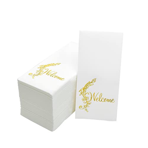 MORGIANA 100 Stück Luxus Hochzeit Servietten, Gold und Weiß Leinen Feel Papierservietten, Einweg-Handtücher Gästehandtücher für Party, Weihnachten von MORGIANA