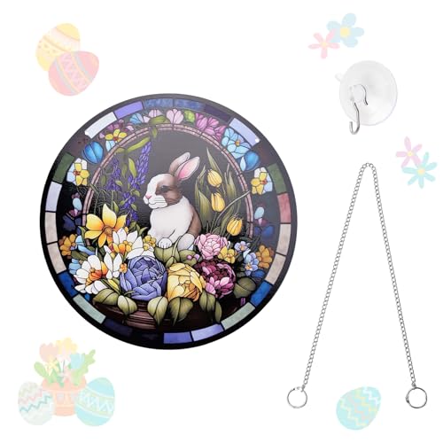 MOROBOR Happy Easter Spring Bunny Rabbit Wandschild gebeiztes hängendes Ornament rund Acryl Osterhasen-Plaketten doppelseitiges Frühlings-Heim-Wanddekoration mit Ketten, Saugnapf-Haken, 20,3 cm (A) von MOROBOR