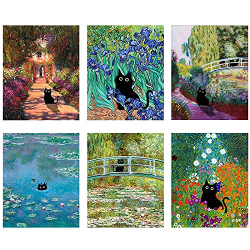 MOROBOR Lustige schwarze Katze Wandkunstdruck, 6 Stück Leinwandkunstwerk Katzenliebhaber Poster, niedliche ästhetische Monet van Gogh für Wohnkulturen/20 x 25cm-ungerahmt von MOROBOR