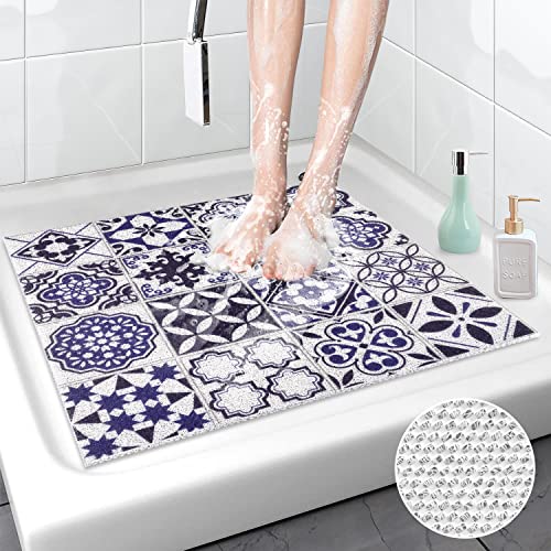 Duschmatte rutschfest 60 x 60 cm Weich Komfort Sicherheits Badewannenmatte, Antibakterielle Badematte mit Ablauflöchern, Antirutschmatte Dusche für Badewanne und Nassbereiche (Blaue Ziegelsteine) von MORROWCAMP