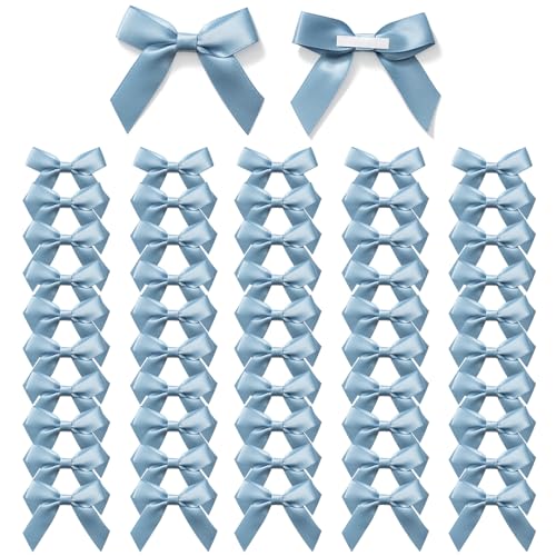 MORSUNBELA Schleife Deko Geschenkschleifen Selbstklebend Blau Kleine Satin Schleife Geschenk für Geburtstag Hochzeit Weihnachten Dekoration Karte Herstellung 50 Stück，Altblau von MORSUNBELA
