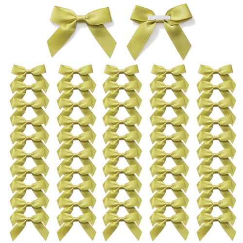 MORSUNBELA Schleifen Deko Geschenkschleifen Selbstklebend Kleine Schleife Satinband Geschenkschleife für Geschenkverpackungen Hochzeit Weihnachten Olive Gold 50 Stück von MORSUNBELA