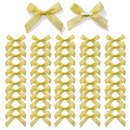 MORSUNBELA Schleifen Kleine Deko Gold Schleife Geschenkschleifen Selbstklebend Geschenk für Geschenkverpackungen Valentinstag Hochzeit Weihnachten 50 Stück von MORSUNBELA