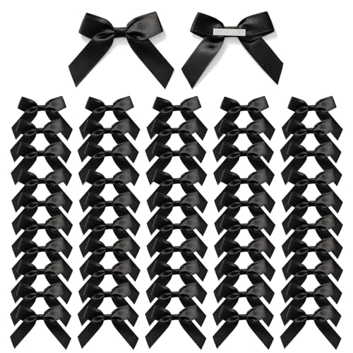 MORSUNBELA Schwarze Schleifen Deko Kleine Geschenkschleifen Selbstklebend Satin Schleife Geschenk für Valentinstag Hochzeit Weihnachten Dekoration Karte Herstellung 50 Stück von MORSUNBELA