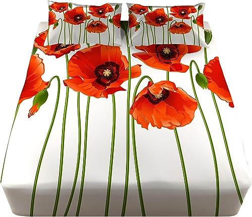 3D Mohnblumen Spannbettlaken 180x200 cm, Mohnblumen Bettlaken Set für Kinder Erwachsene, Mikrofaser Spannbetttuch - Tiefe Tasche 30 cm mit 1 Kissenbezügen von MORTRA