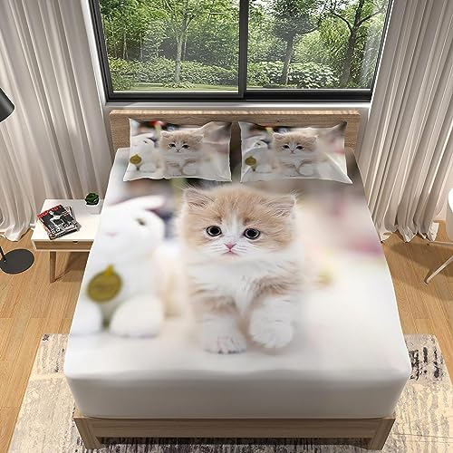 3D Süße Katze Spannbettlaken 120x200cm, Süße Katze Bettlaken für Kinder Erwachsene, Bettlaken Spannbetttuch 120x200cm für Matratze bis 30 cm Höhe mit 1 x Kissenbezügen von MORTRA