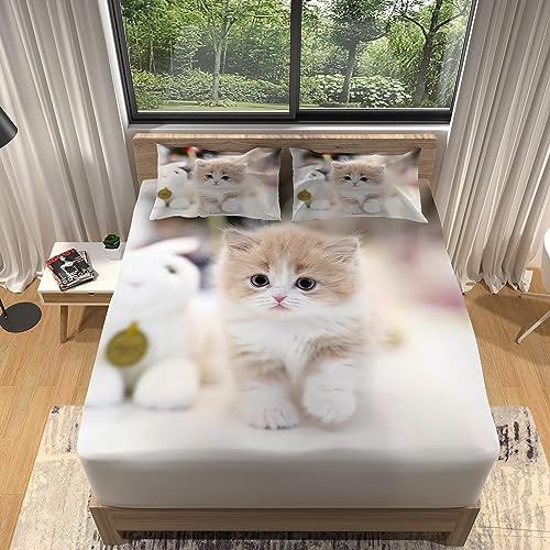 3D Süße Katze Spannbettlaken 90x200cm, Süße Katze Bettlaken für Kinder Erwachsene, Bettlaken Spannbetttuch 90x200cm für Matratze bis 30 cm Höhe mit 1 x Kissenbezügen von MORTRA