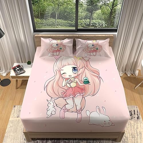 MORTRA 3D Anime Frau Spannbettlaken 140x200cm, Anime Frau Bettlaken für Kinder Erwachsene, Bettlaken Spannbetttuch 140x200cm für Matratze bis 30 cm Höhe mit 1 x Kissenbezügen von MORTRA