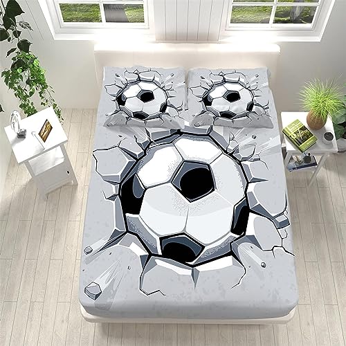 MORTRA 3D Fußball Spannbettlaken 120x200 cm, Fußball Bettlaken Set für Kinder Erwachsene, Mikrofaser Spannbetttuch - Tiefe Tasche 30 cm mit 1 Kissenbezügen von MORTRA